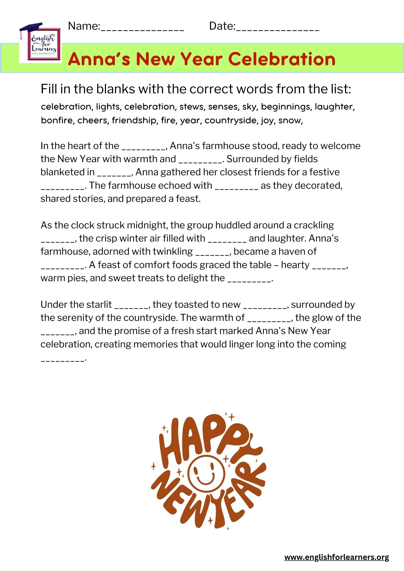 New Years Celebration Reading Comprehension Fill In The Blanks New Years Celebration Reading Comprehension Fill In The Blanks