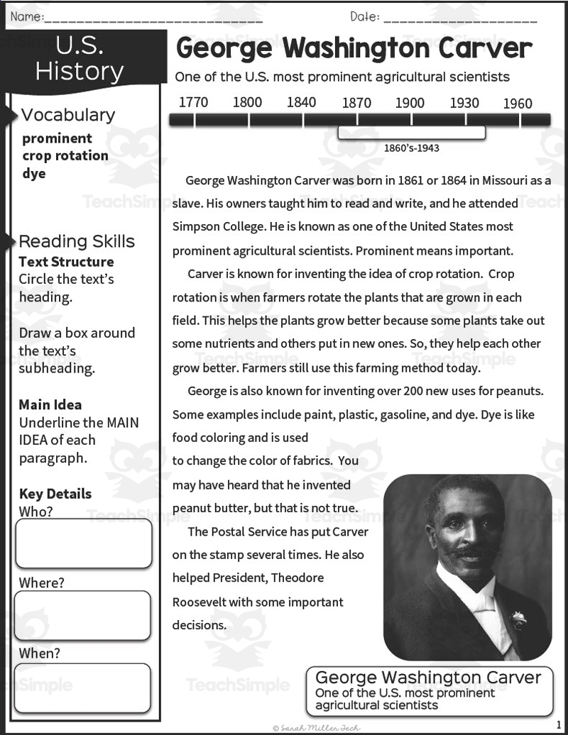 Nonfiction Reading Packet George Washington Carver By Teach Simple Nonfiction Reading Packet George Washington Carver By Teach Simple