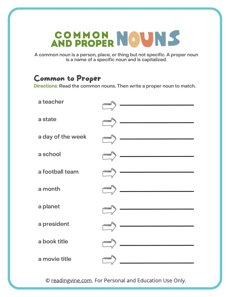 Noun Worksheets ReadingVine