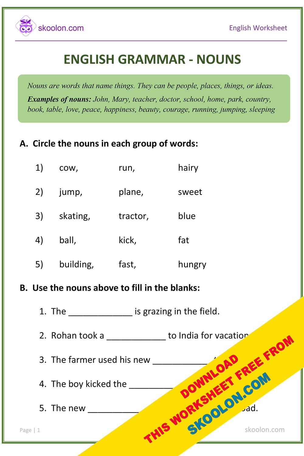 Printable Noun Worksheets Grade 6