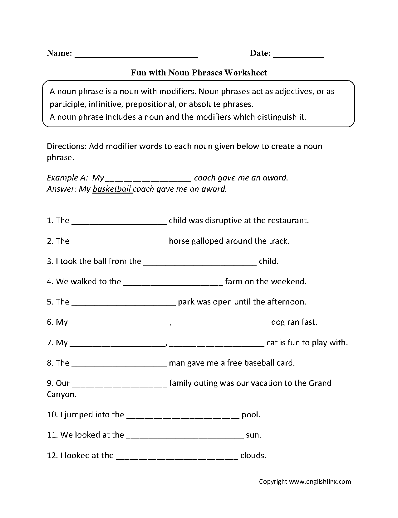Nouns Worksheets Noun Phrases Worksheets Nouns Worksheets Noun Phrases Worksheets