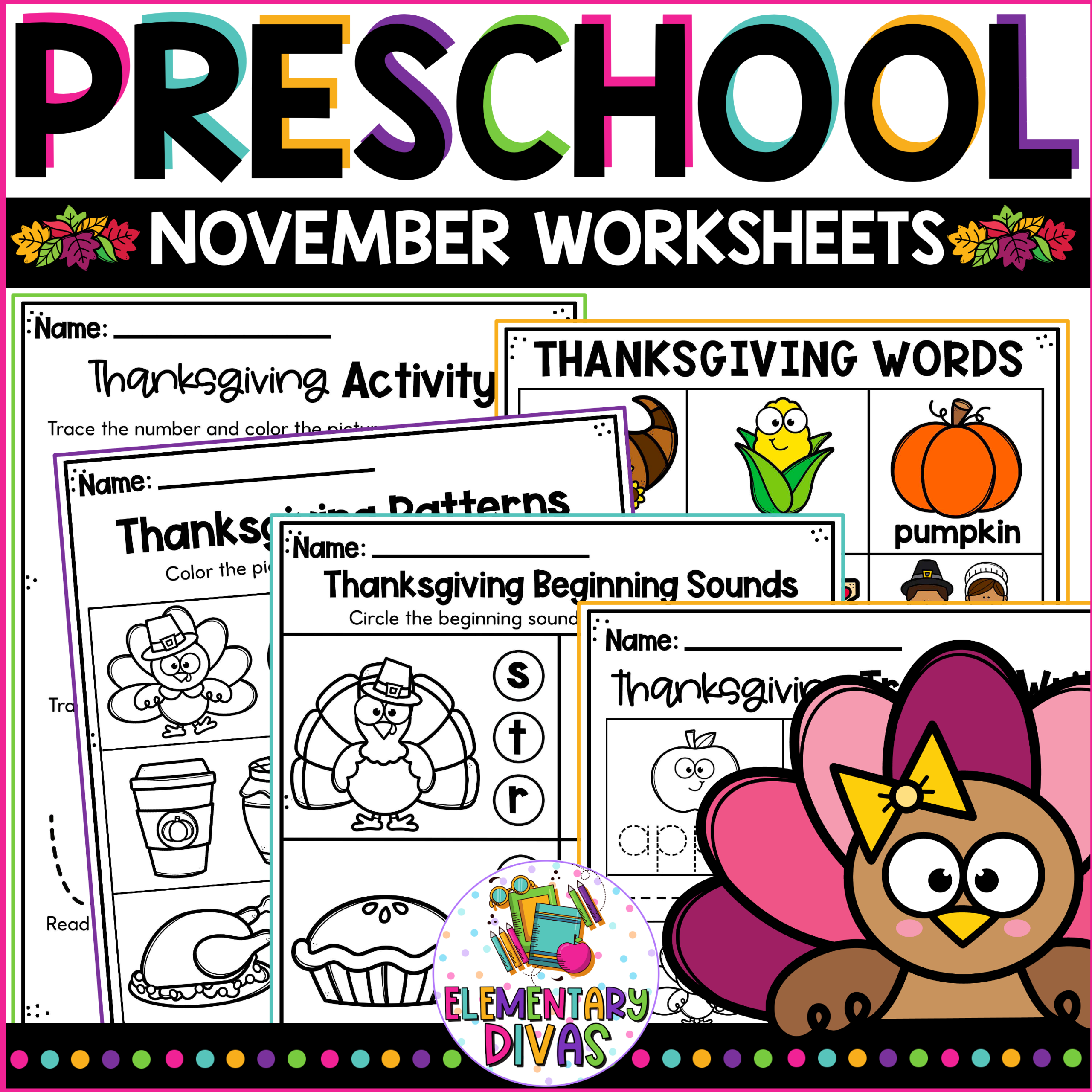 November Fall Preschool NO PREP Worksheet Packet Pre K 