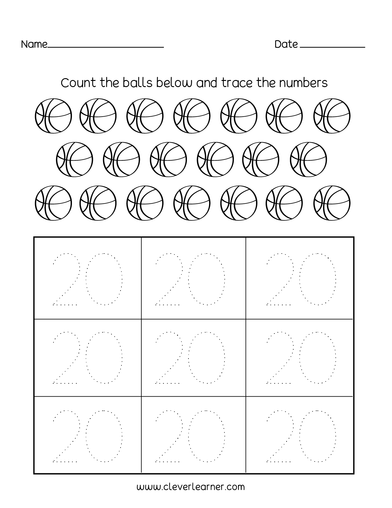 Number 20 Writing Counting And Identification Printable Worksheets For Children Number 20 Writing Counting And Identification Printable Worksheets For Children