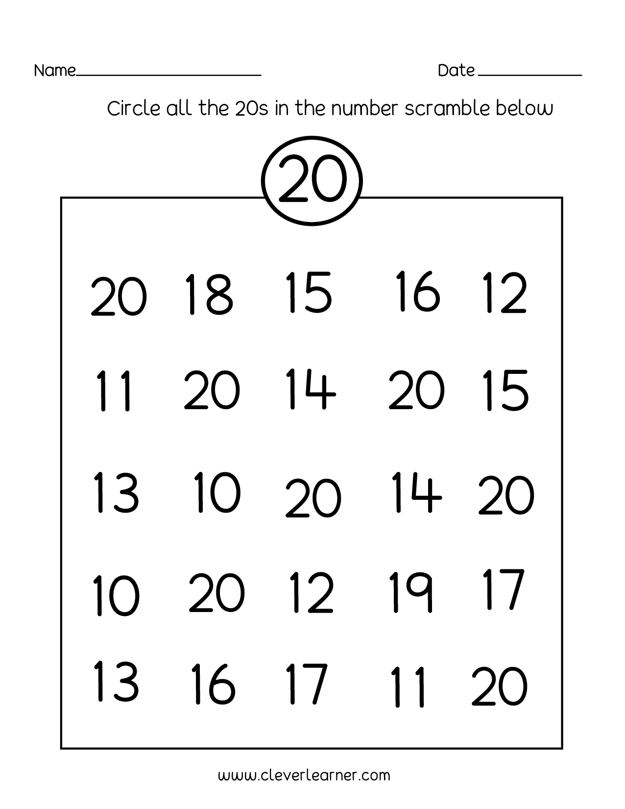 Number 20 Writing Counting And Identification Printable Worksheets For Children Number 20 Writing Counting And Identification Printable Worksheets For Children