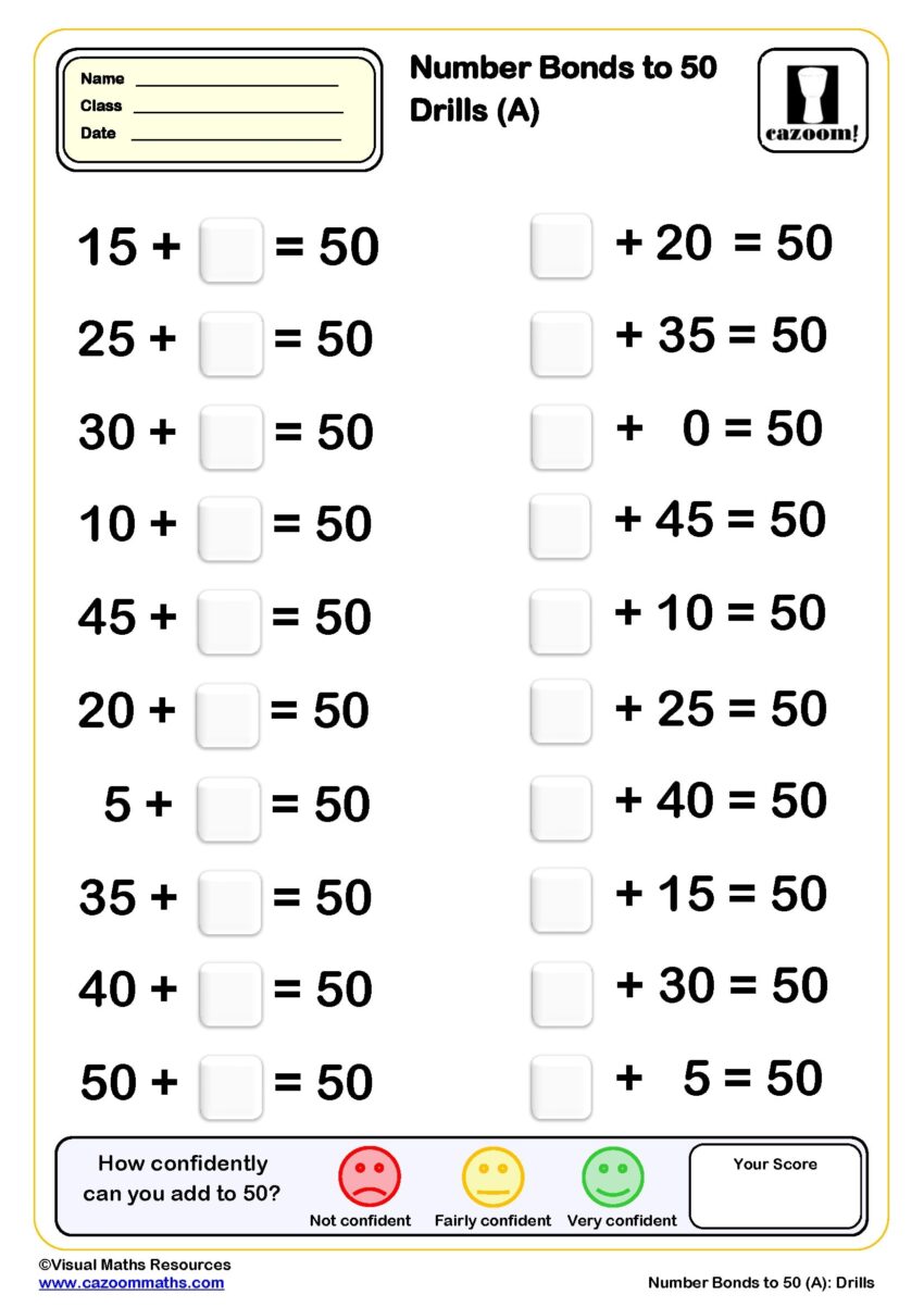 Number Bond To 50 Drills B Worksheet 20 Questions PDF Printable Addition Worksheets
