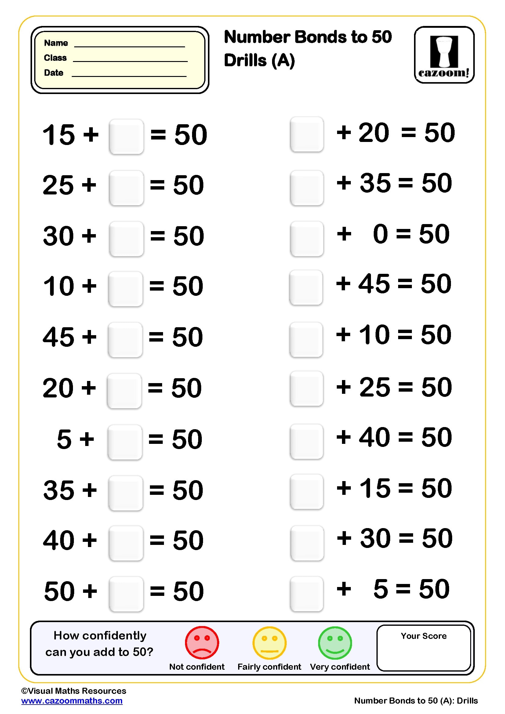 Number Bond To 50 Drills B Worksheet 20 Questions PDF Printable Addition Worksheets