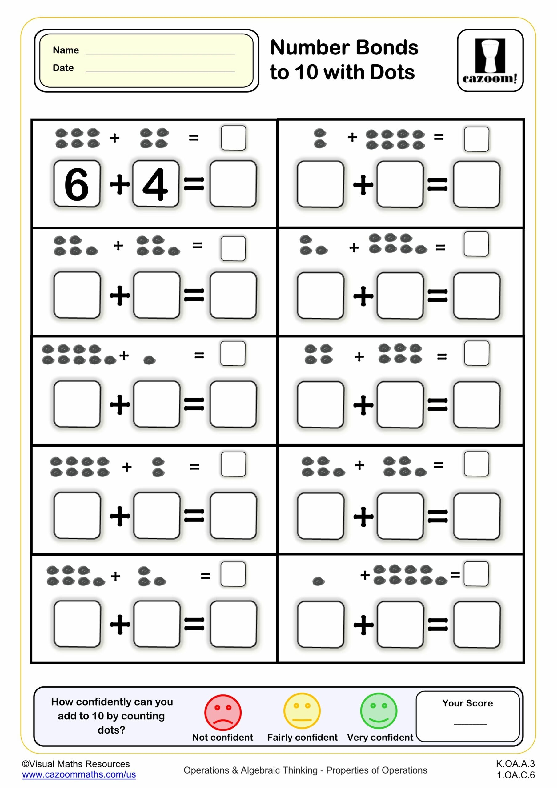 Number Bonds To 10 With Dots K Grade PDF Addition Worksheets Cazoom Math