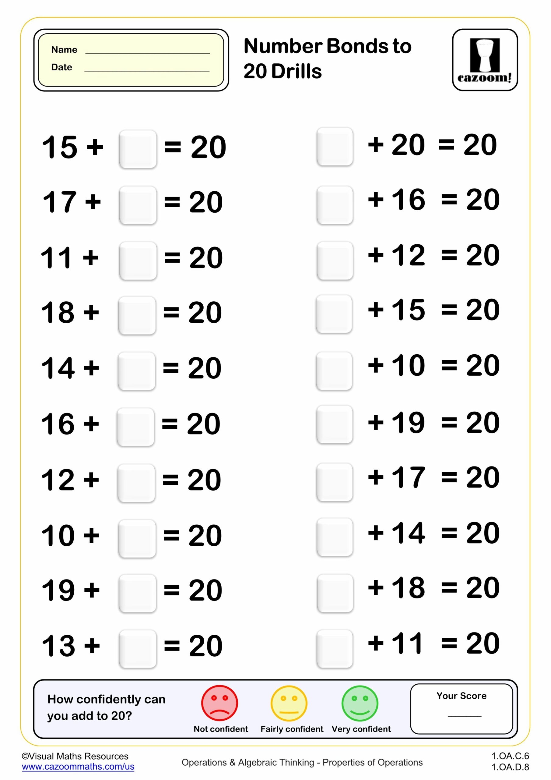 Number Bonds To 20 Drills 20 Questions PDF Printable Addition Worksheets Cazoom Math