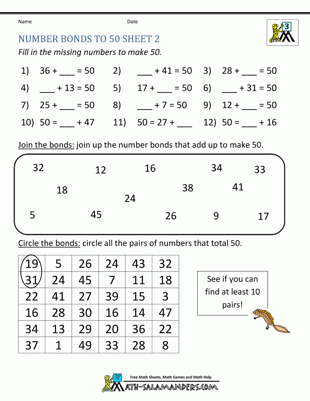 Number Bonds Worksheets To 100