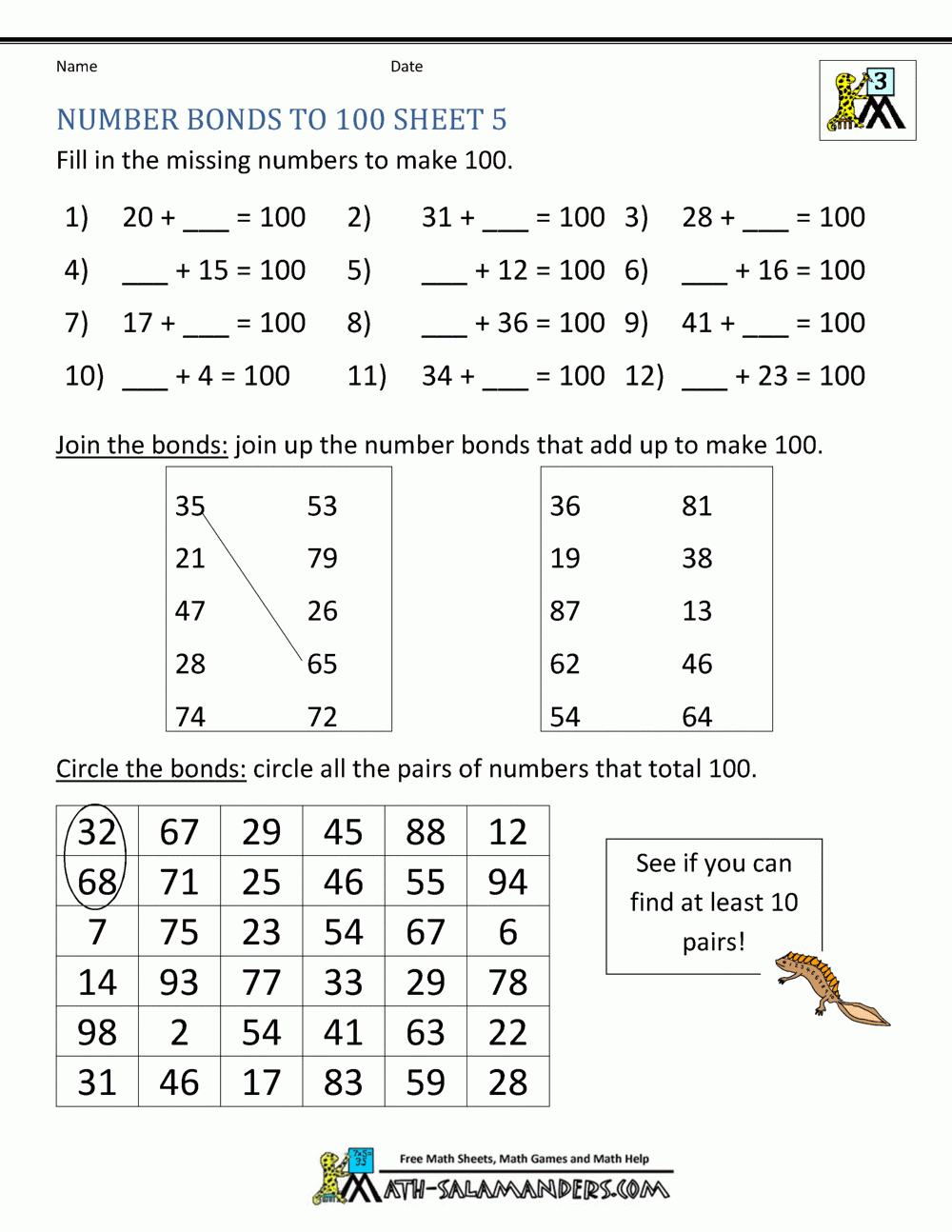 Number Bonds Worksheets To 100