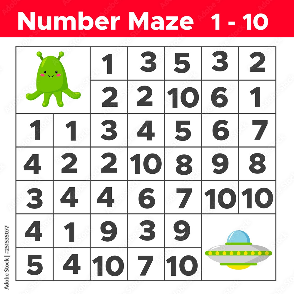 Number Maze Math Puzzle Game For Children Help The Alien Find 