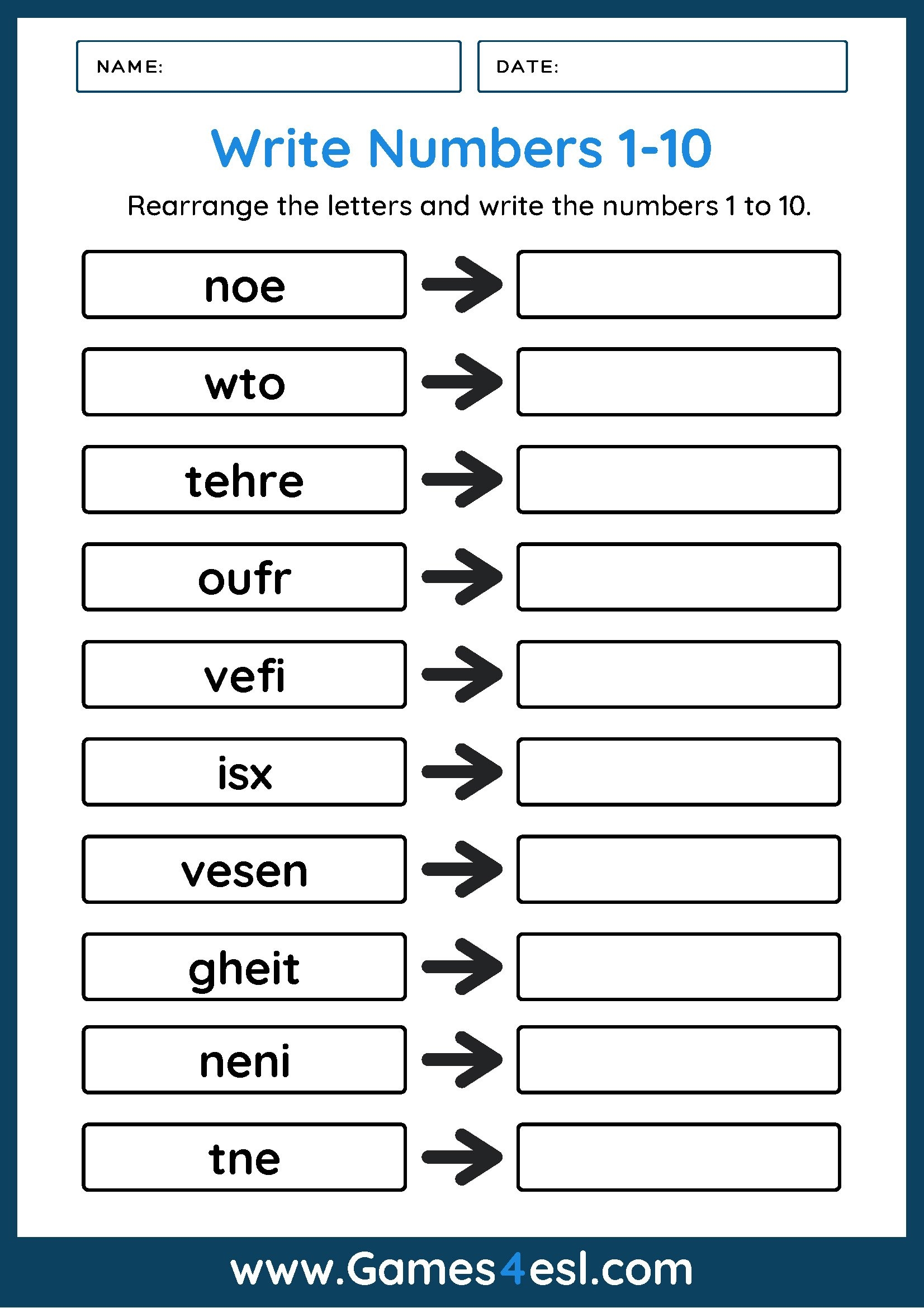 Esl Printable Worksheets Numbers