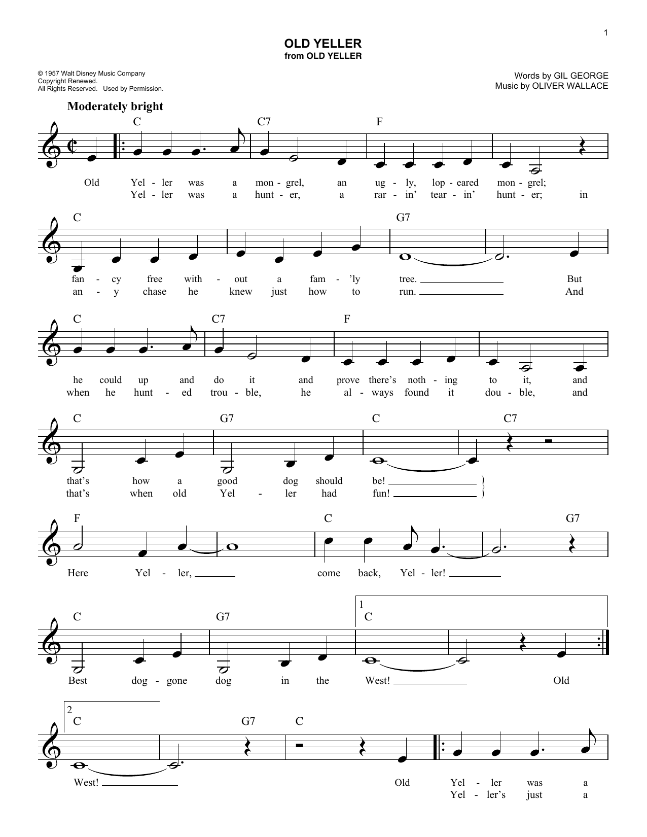 Old Yeller By Oliver Wallace Sheet Music For Easy Lead Sheet Fake Book At Sheet Music Direct