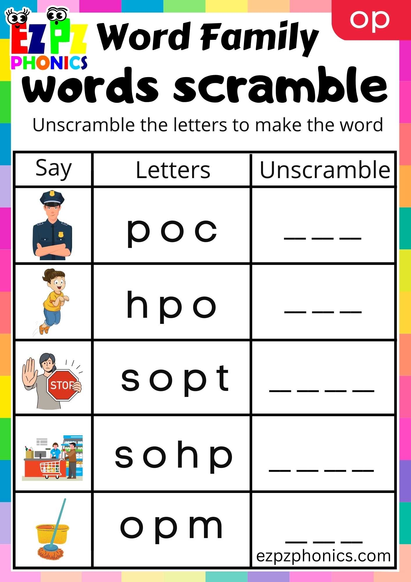 OP Words Words Scramble Phonics Word Families Worksheet Ezpzphonics