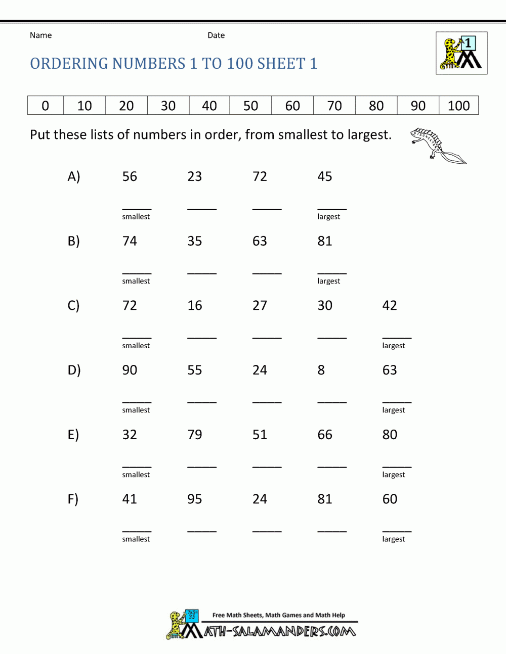Ordering Numbers Worksheet Up To 99 Ordering Numbers Worksheet Up To 99