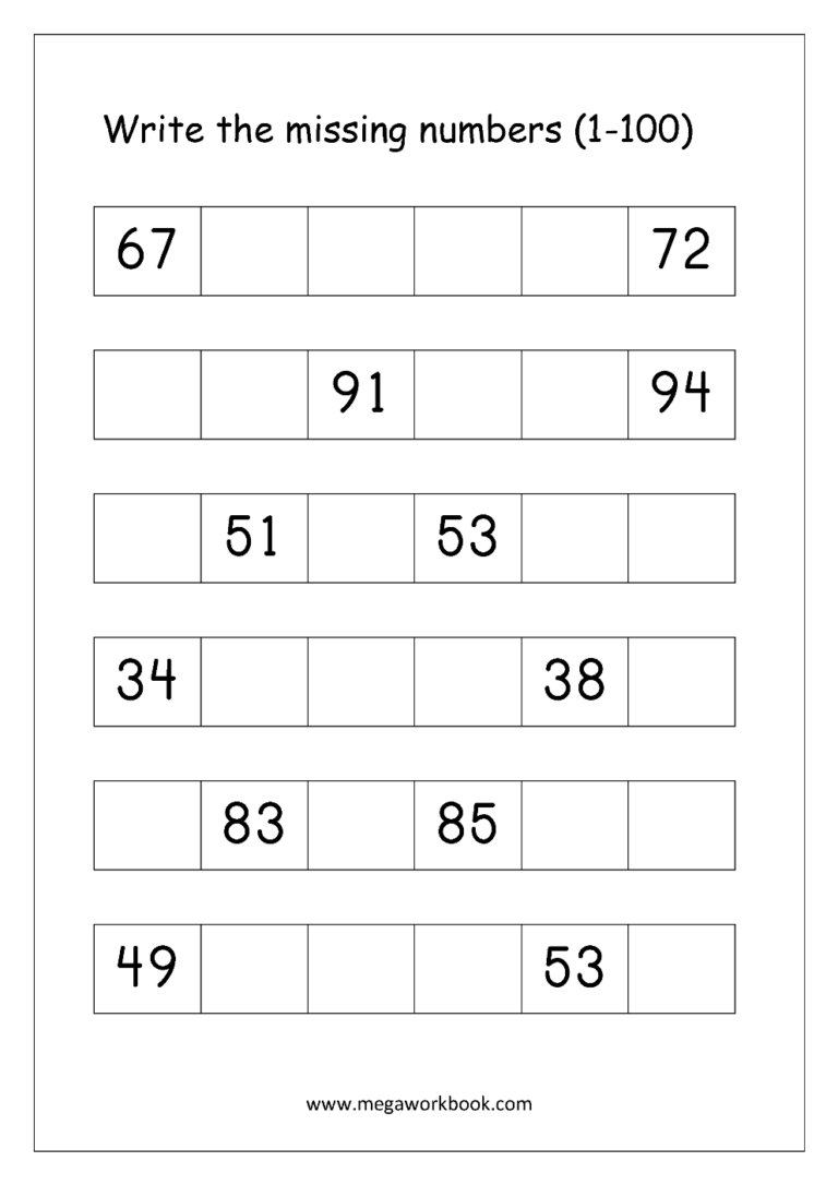 Ordering Numbers Worksheets Missing Numbers What Comes Before And After Number 1 10 1 20 1 50 1 100 Free Printables MegaWorkbook