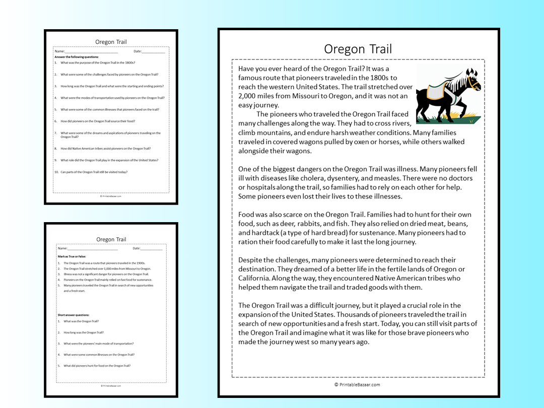 Oregon Trail Reading Comprehension Passage Printable Worksheet Oregon Trail Reading Comprehension Passage Printable Worksheet