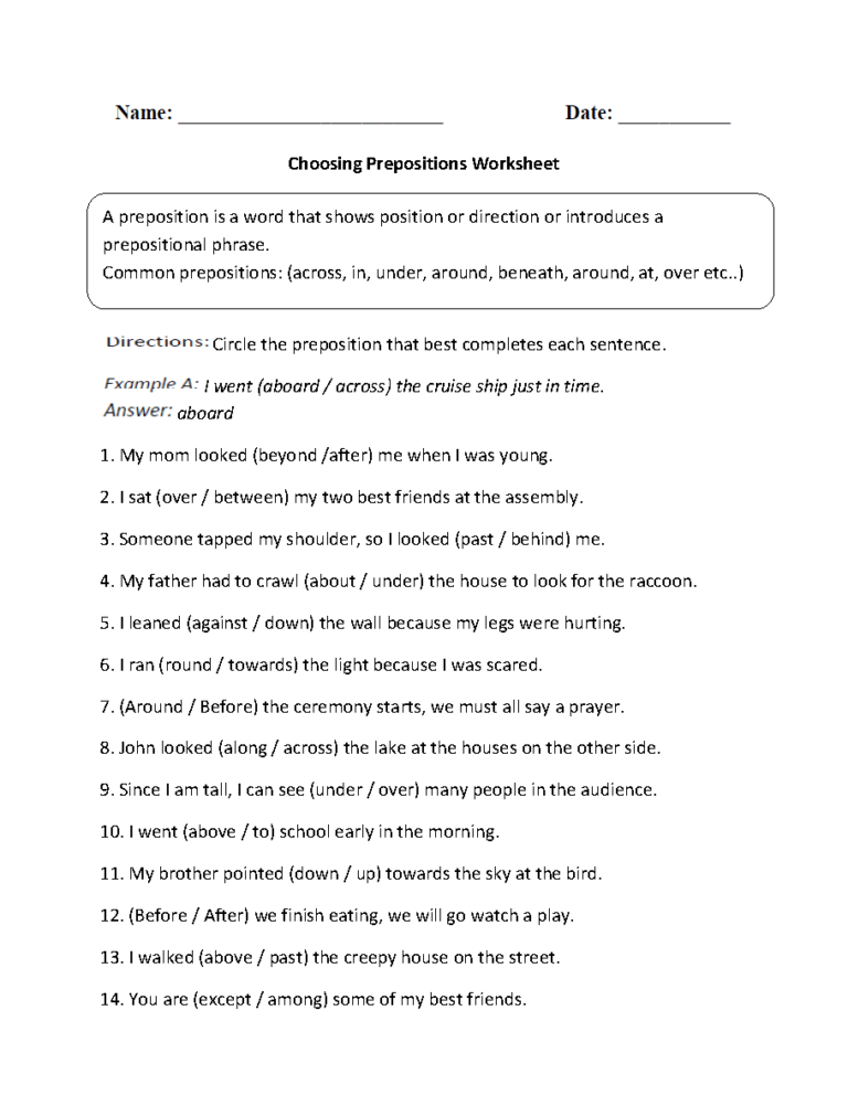 Parts Of A Sentence Worksheets Prepositional Phrase Worksheets