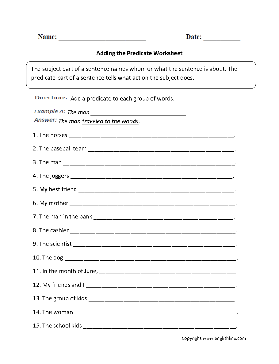 Parts Of A Sentence Worksheets Subject And Predicate Worksheets