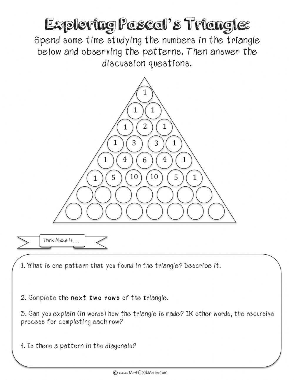 Pascals Triangle Level 1 Online Exercise For Worksheets Library