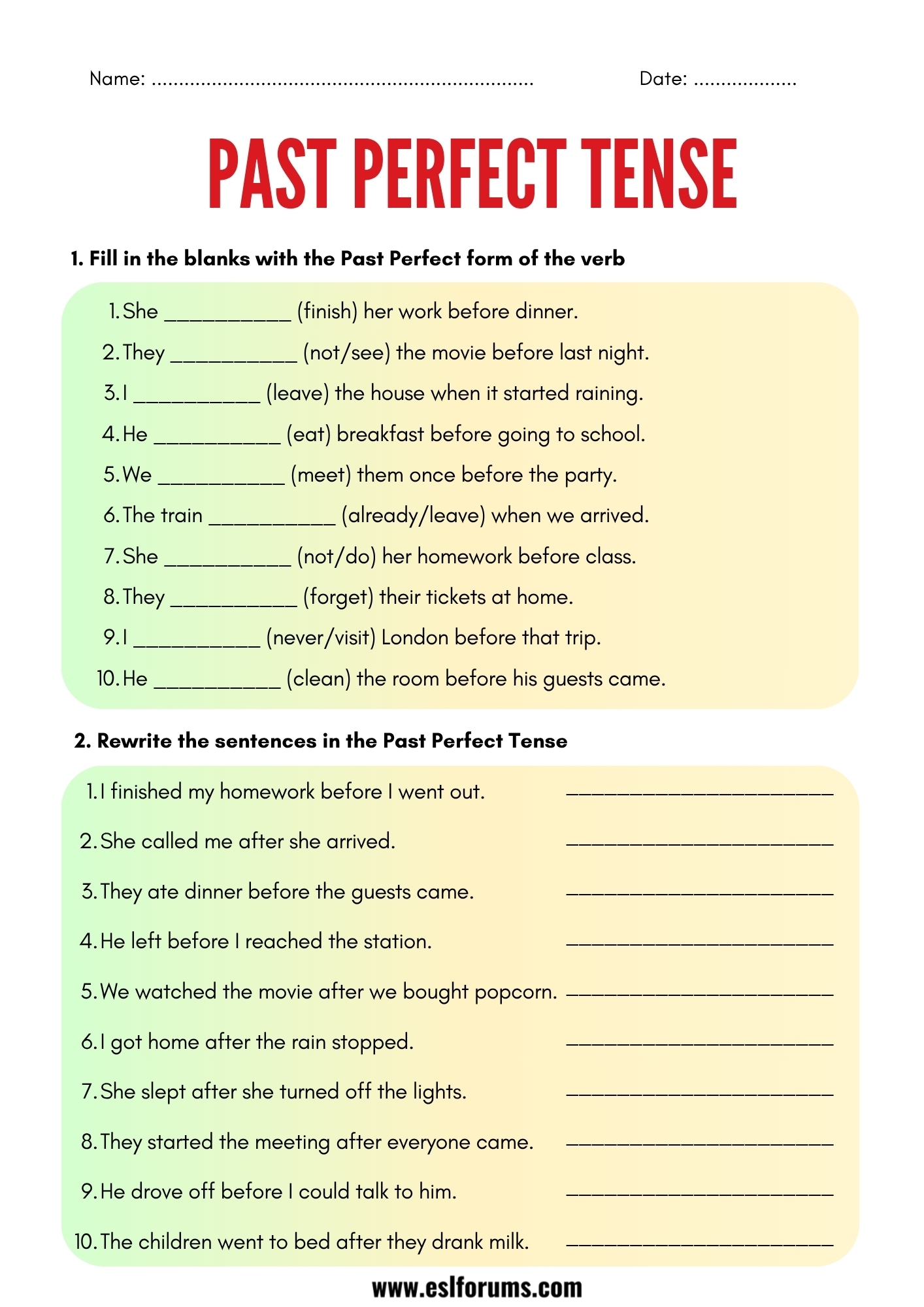 Past Perfect Tense Worksheets And Exercises ESL Forums Past Perfect Tense Worksheets And Exercises ESL Forums