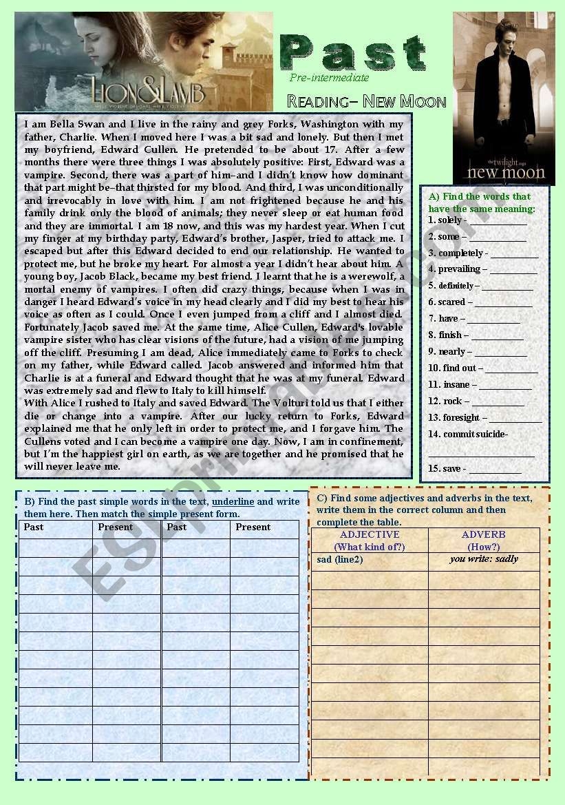 Past Simple Reading writing Twilight New Moon ESL Worksheet By Betti Past Simple Reading writing Twilight New Moon ESL Worksheet By Betti