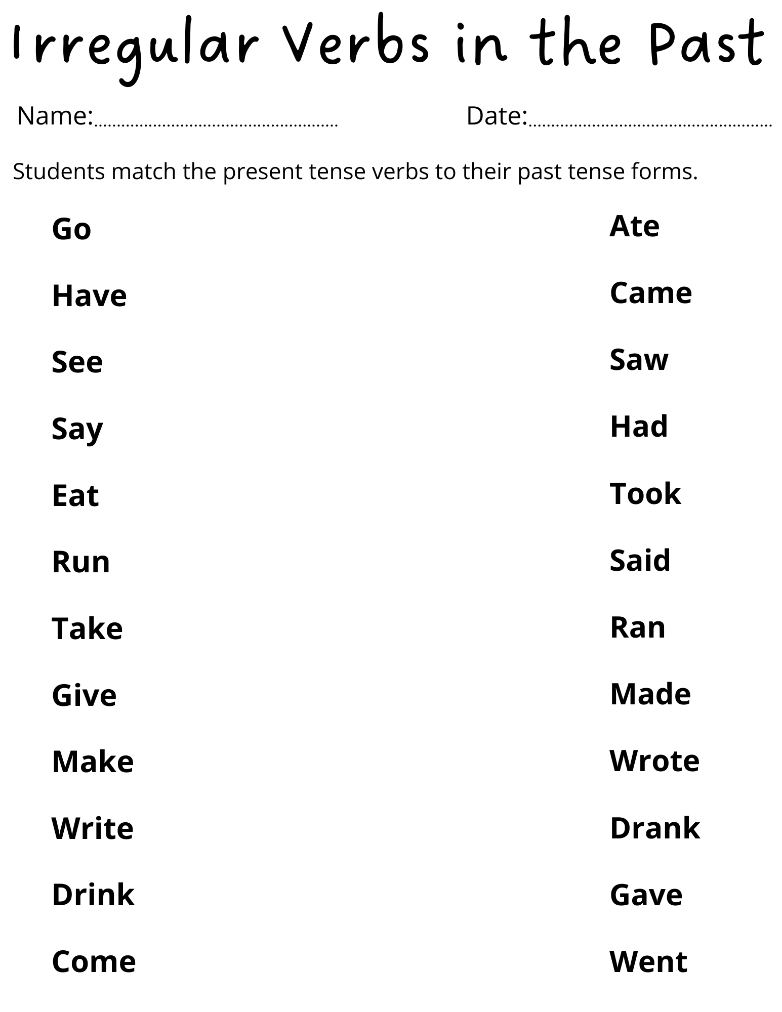Free Irregular Verbs Worksheet Printable