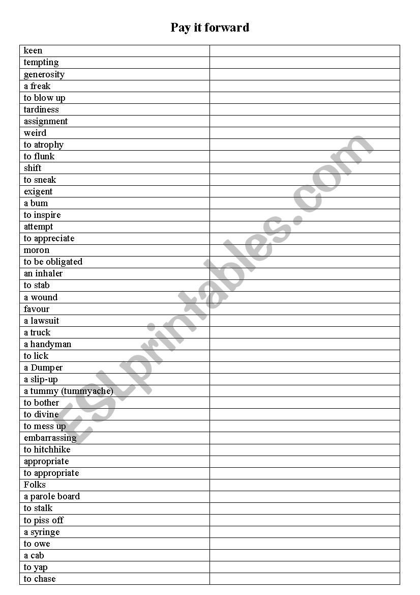 Pay It Forward activities For The Movie ESL Worksheet By Julia2404