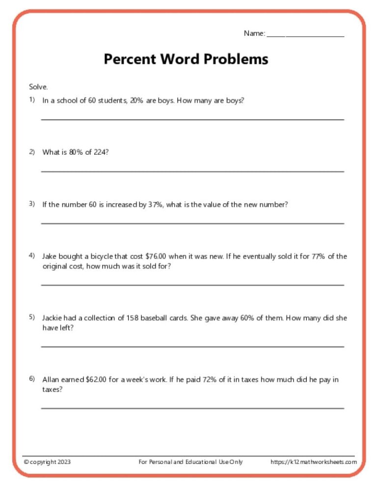 Percent Word Problems Worksheets K12 Math Worksheets