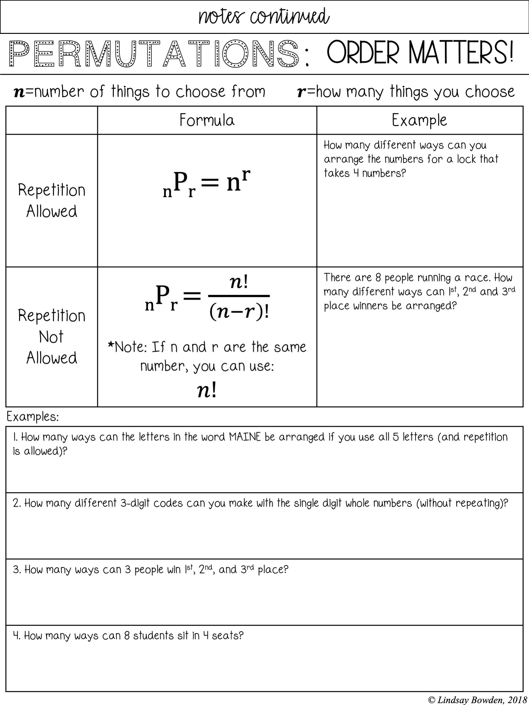 Permutations And Combinations Notes And Worksheets Lindsay Bowden Worksheets Library