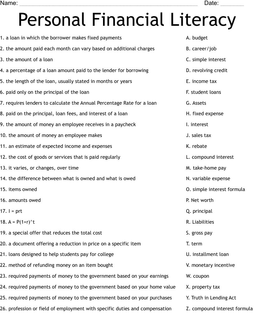Finance Printable Worksheets