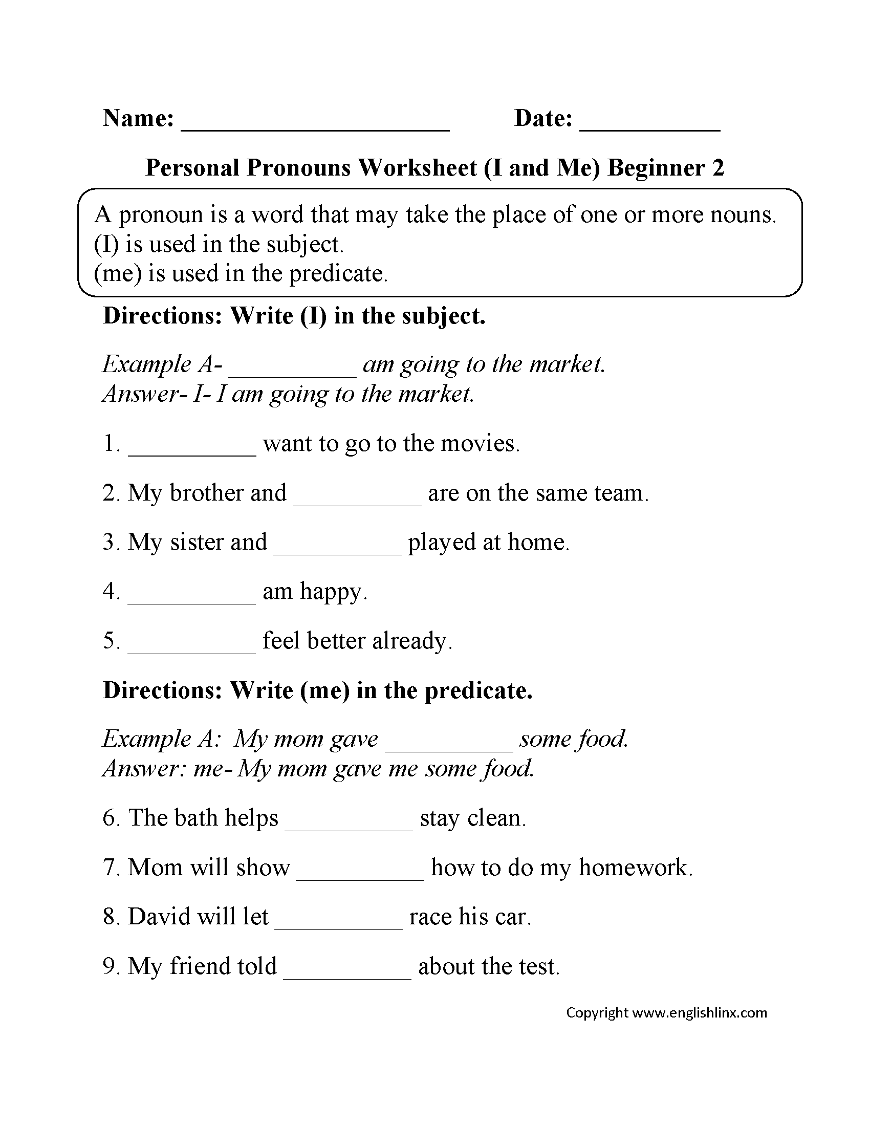 Personal Pronouns Worksheets I And Me Personal Pronouns Worksheets Beginner Part 2 Personal Pronouns Worksheets I And Me Personal Pronouns Worksheets Beginner Part 2