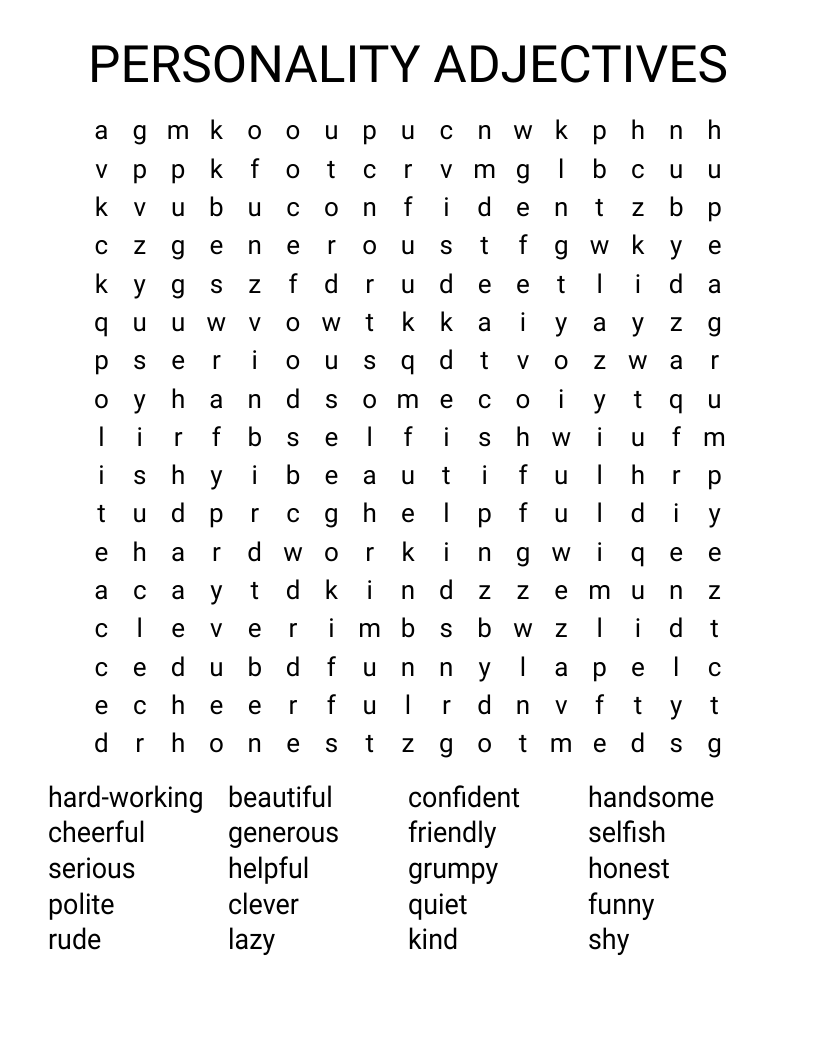 PERSONALITY ADJECTIVES Word Search WordMint