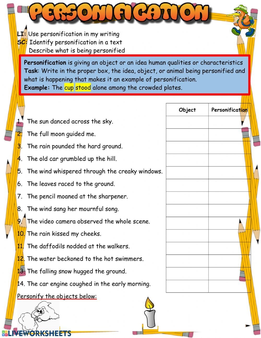 Personification Worksheet Personification Worksheet