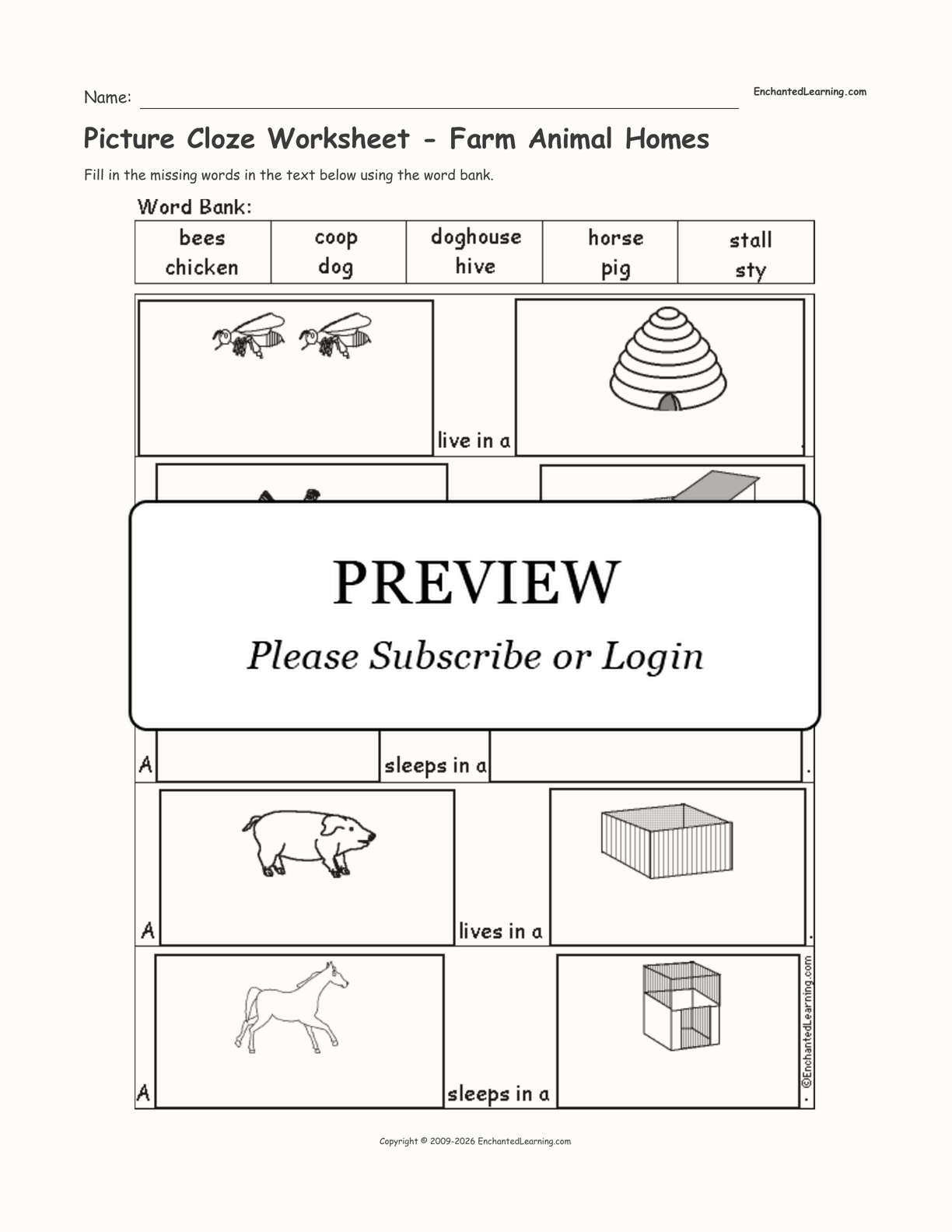 Picture Cloze Worksheet Farm Animal Homes Enchanted Learning