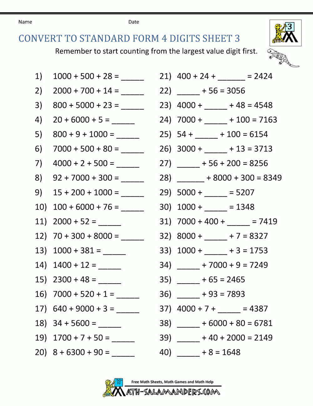 Place Value 4 Digit Numbers Place Value 4 Digit Numbers