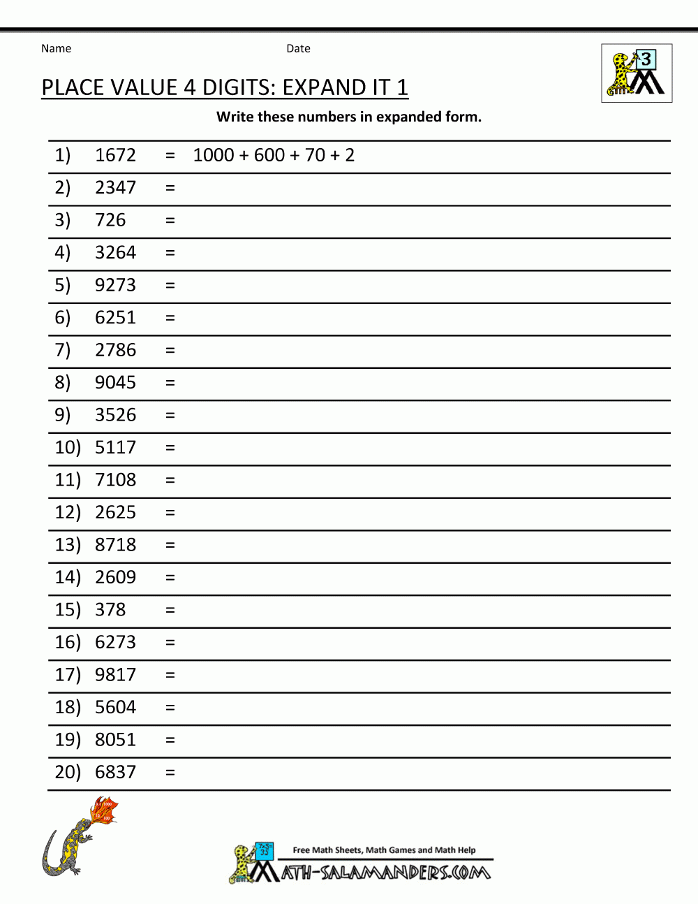 Place Value 4 Digit Numbers Place Value 4 Digit Numbers