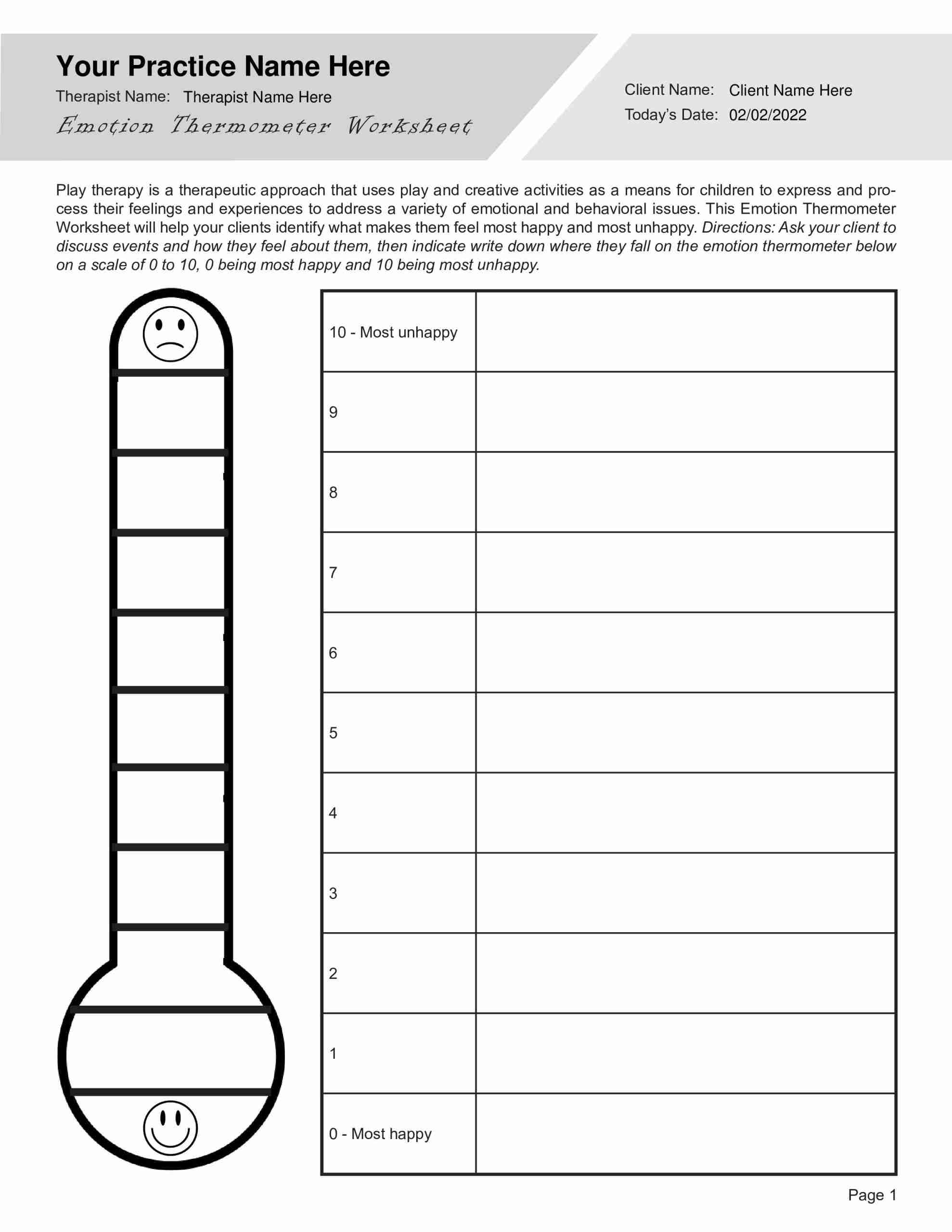 Play Therapy Emotion Thermometer Worksheet PDF Play Therapy Emotion Thermometer Worksheet PDF