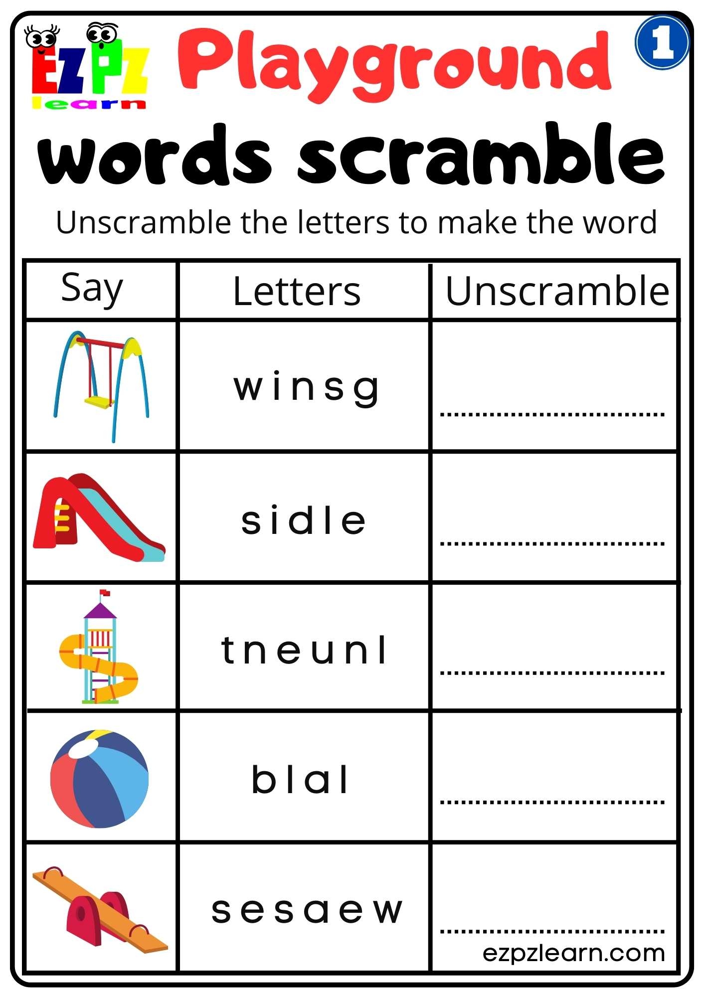 Playground 1 Word Scramble Worksheet For Kindergarten And ESL Students Free Download Ezpzlearn Playground 1 Word Scramble Worksheet For Kindergarten And ESL Students Free Download Ezpzlearn
