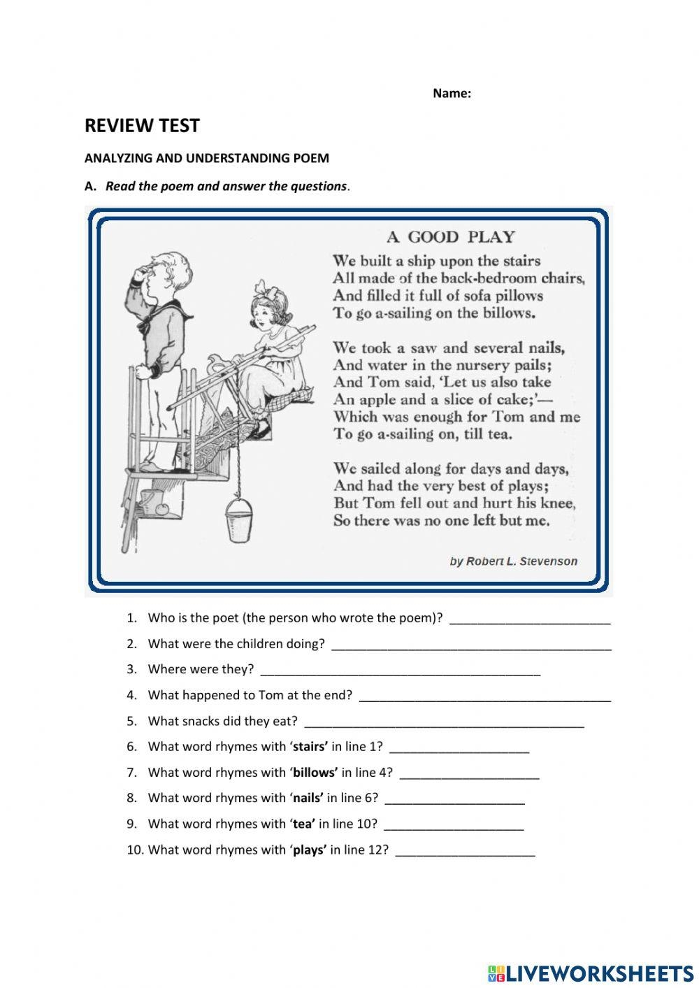 Reading Comprehension Understanding Poetry Worksheets