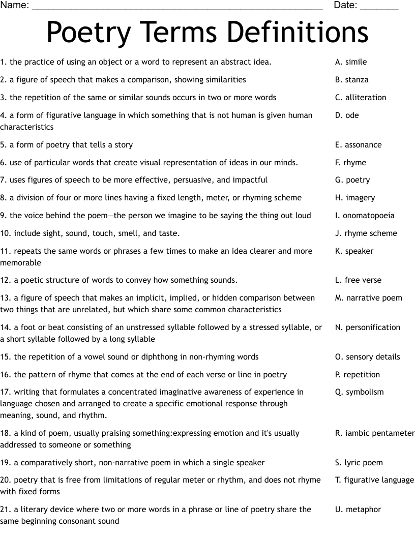 Poetry Terms Definitions Worksheet WordMint