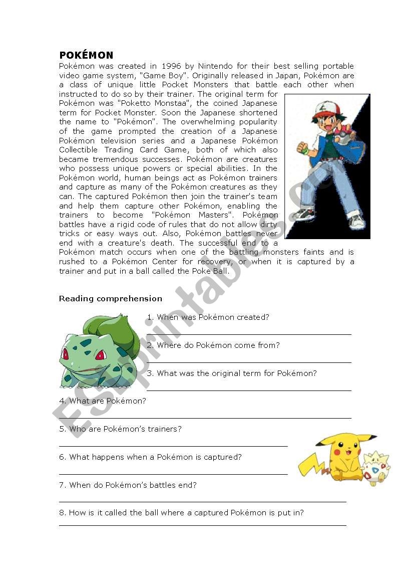 Pok mon Reading Comprehension ESL Worksheet By Lola rivero