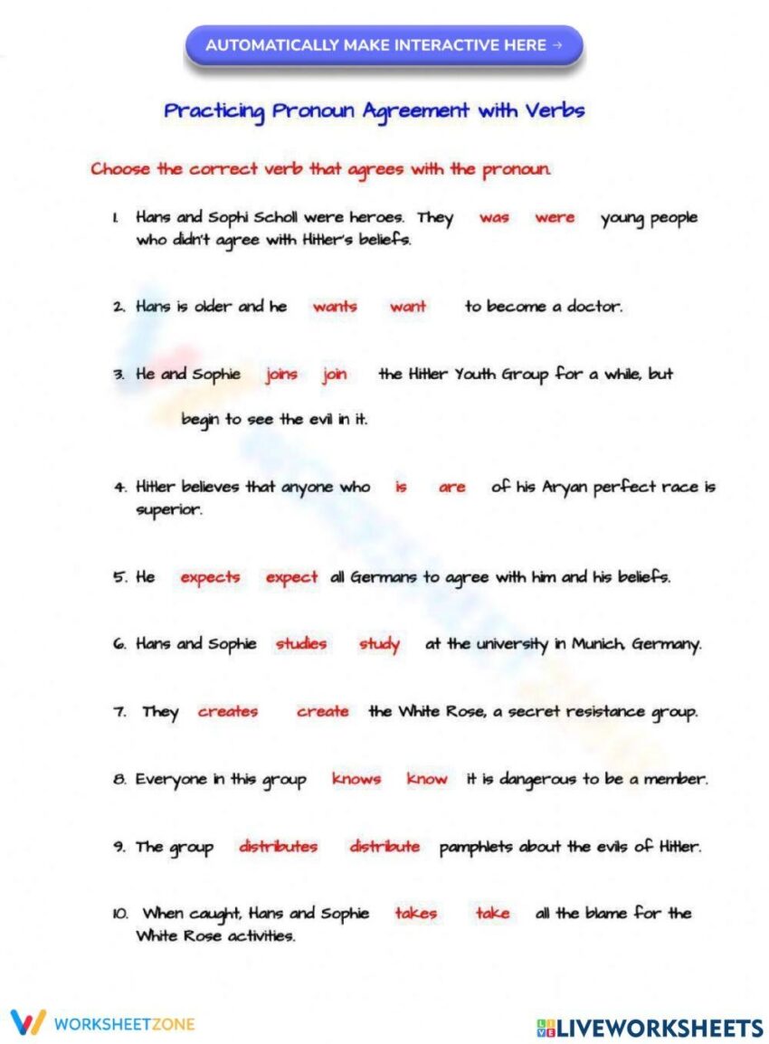 Practicing Pronoun And Verb Agreement Worksheet Live Worksheets