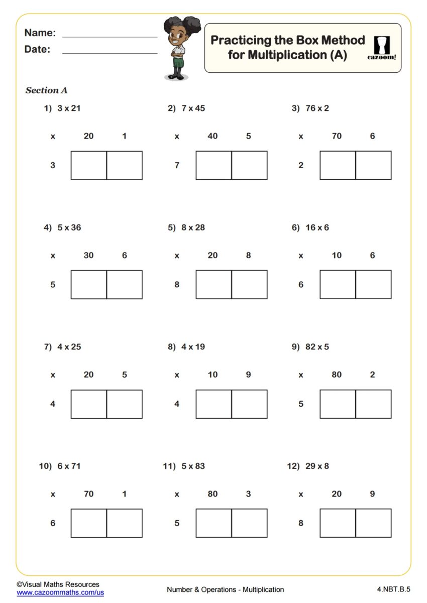 Practicing The Box Method For Multiplication B PDF Printable Number And Operations Worksheets Cazoom Math