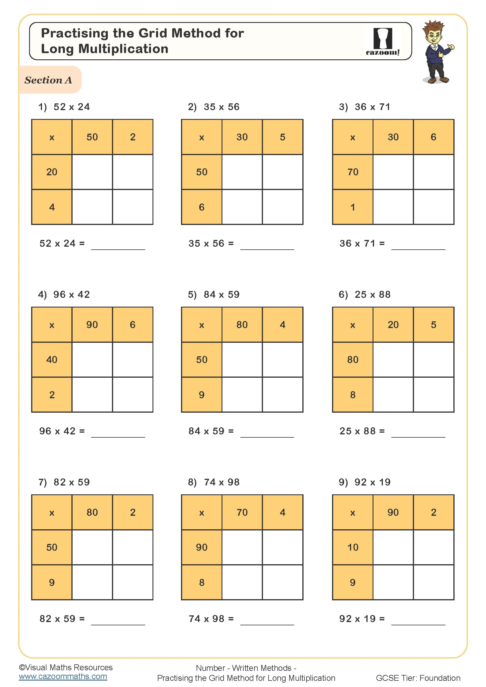 Box Method Multiplication Worksheet Printable