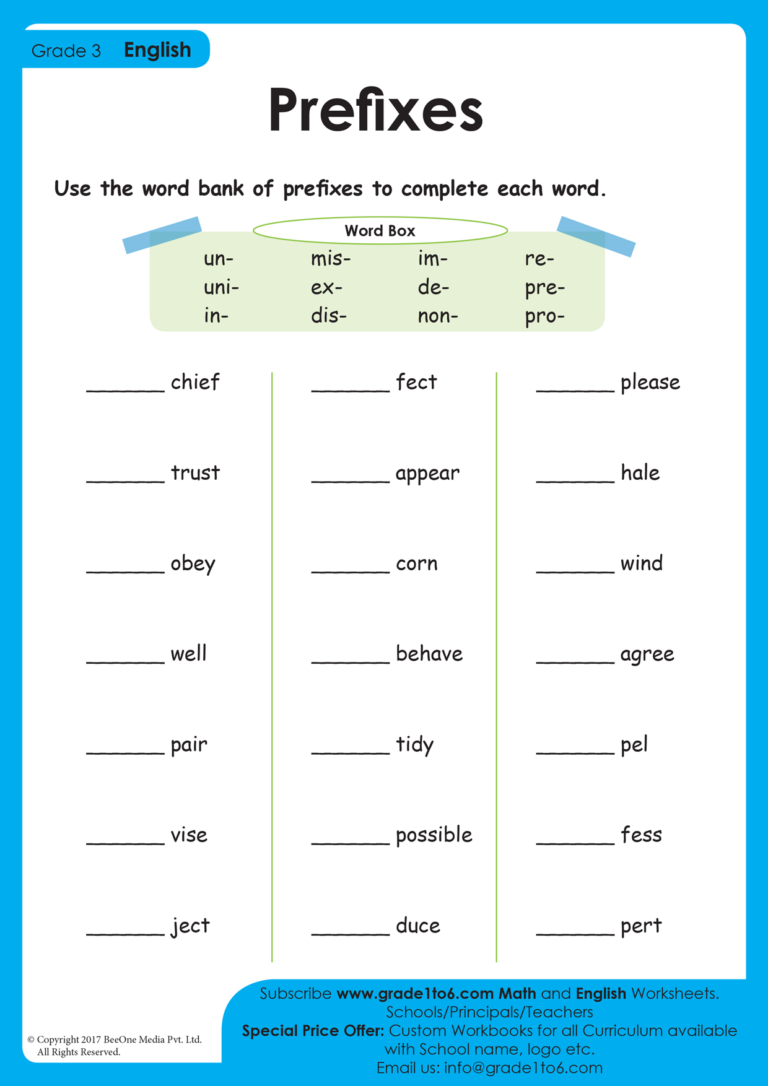 Prefix Worksheets Grade1to6