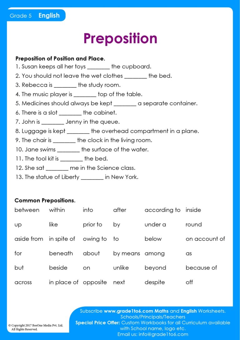 Preposition Worksheet For Class 5 Grade1to6