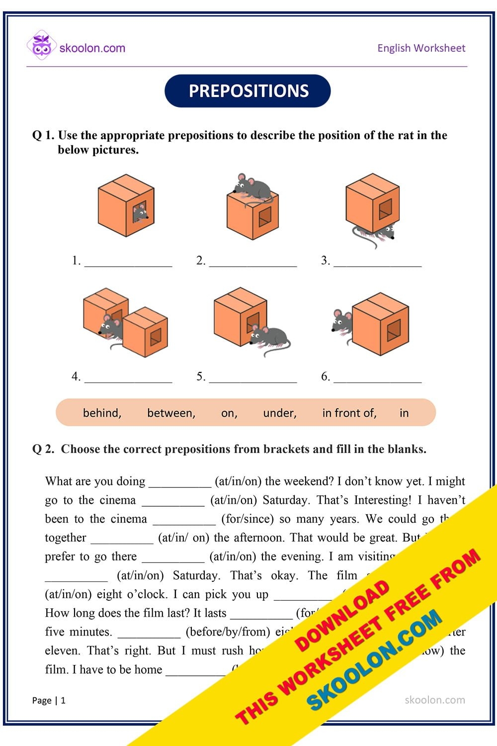Prepositions Worksheet With Answers 5 Skoolon