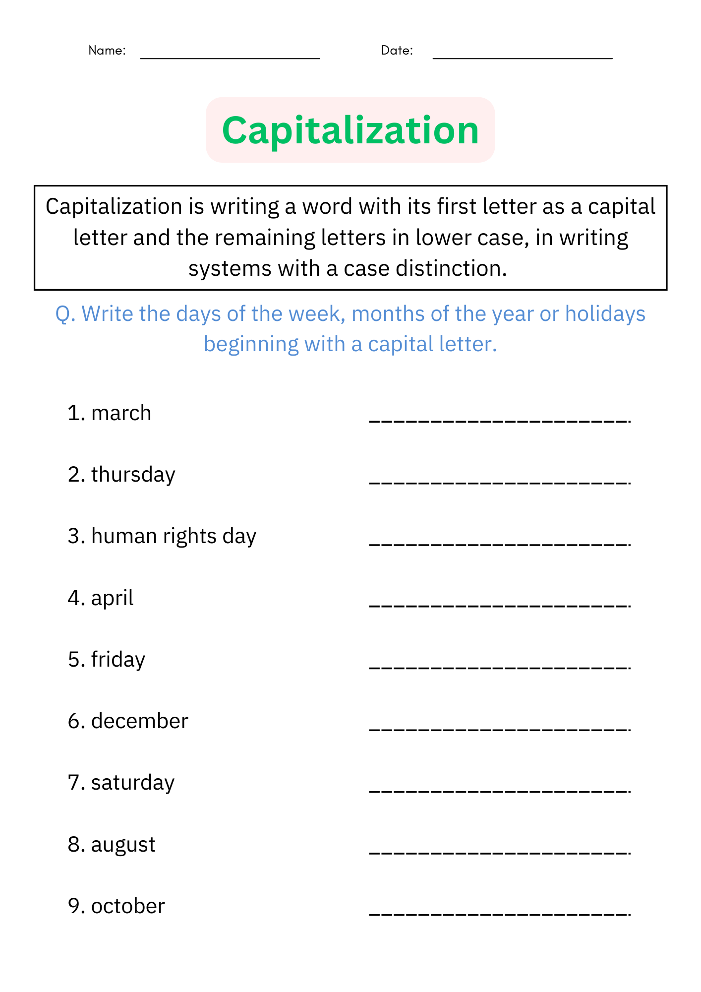 Free Capitalization Worksheets For Grade 1