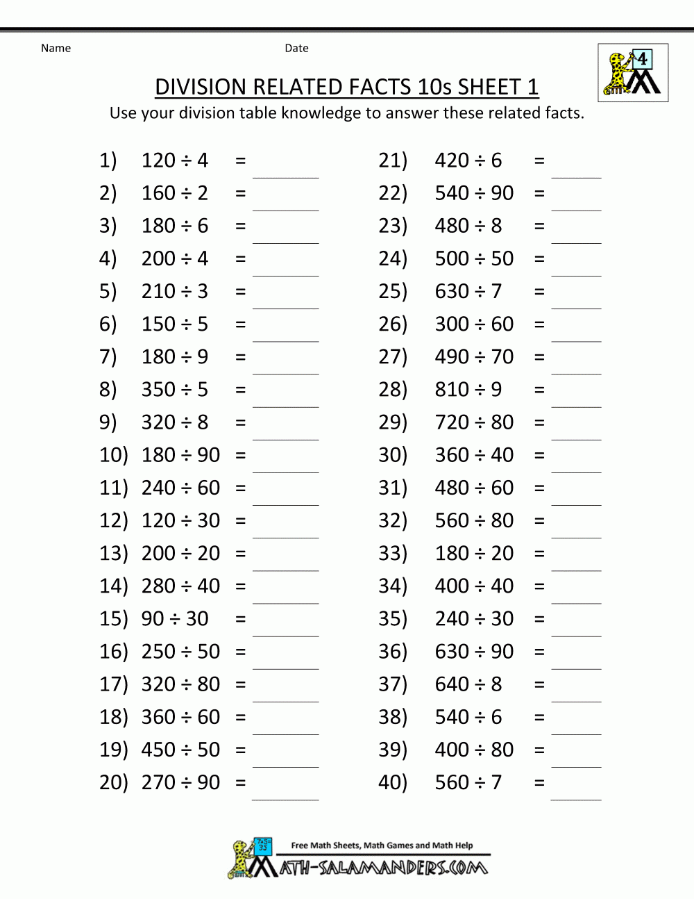Printable Division Sheets Division Worksheets Math Practice 